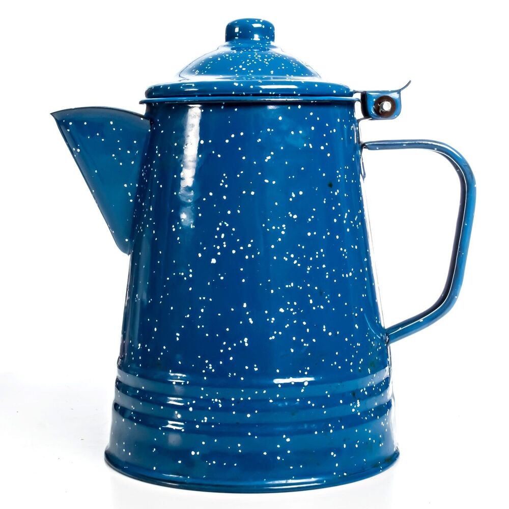 Vintage Enamel Blue & White Speckled Camping/Cowboy Coffee Pot Kettle 7.5in